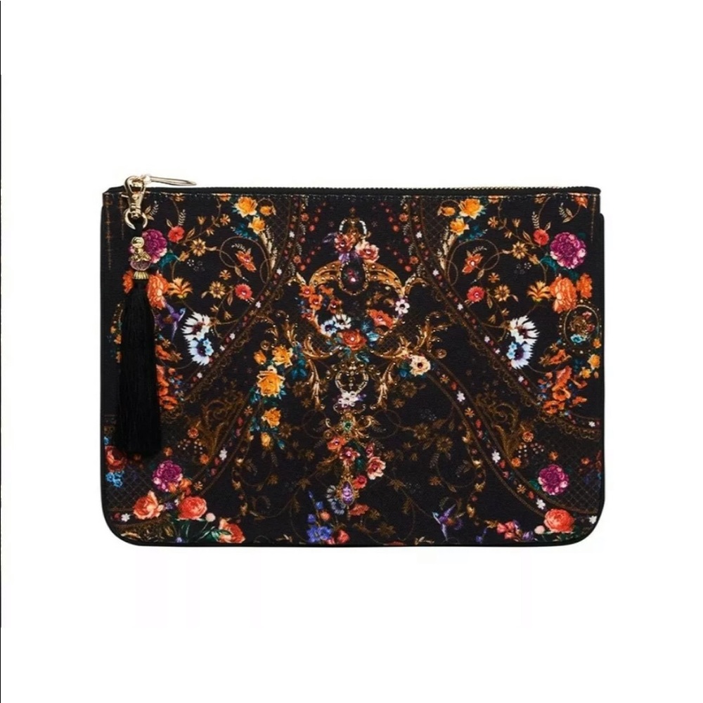 CAMILLA “Blushing Manor” small black canvas floral boho bag pouch clutch sac